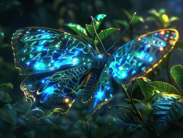 Photo mystical glowing butterfly in lush greenery