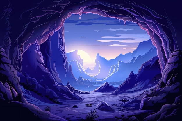 Mystical Glowing Cave Entrance to Rocky Mountain Landscape at Sunset