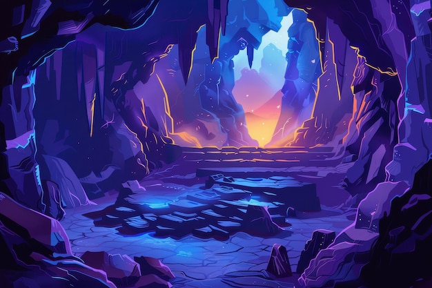 Mystical Glowing Cave with Blue Water and Purple Crystals