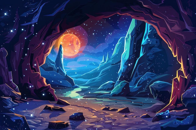 Mystical Glowing Cave with Towering Icy Mountain Peaks and Glimmering River Under Starry Night Sky