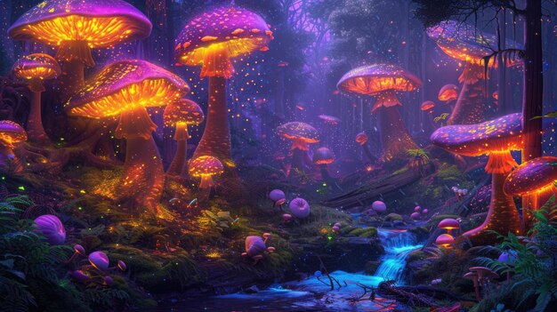 Mystical glowing mushrooms in enchanted forest resplendent