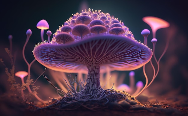 Mystical glowing mushrooms in the forest at night