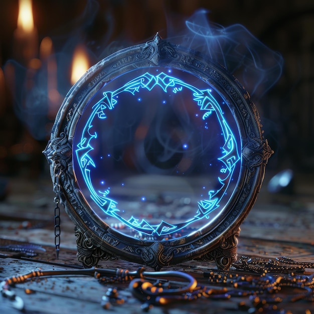 Photo mystical glowing orb with swirling blue energy set against a dark rustic background