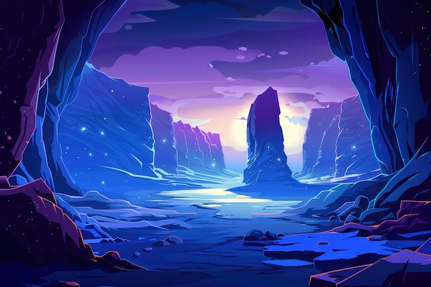 Mystical Glowing Purple Alien Landscape with Towering Rock Formations