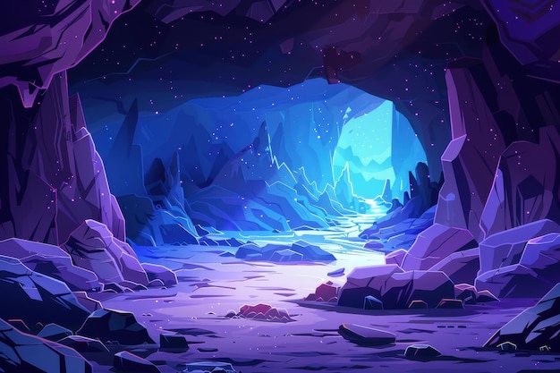 Mystical Glowing Purple Crystal Cave with Sparkling Stars and Blue River