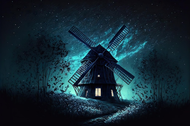 Mystical glowing windmill in night nature created with generative ai