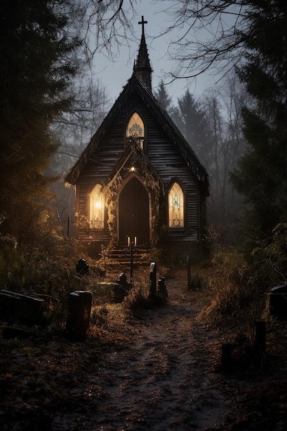 Mystical gothic church in the forest Halloween concept