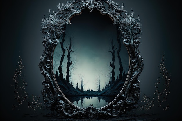 Mystical gothic mirror dark gloomy background with fantasy mirror reflection of darkness dark forest