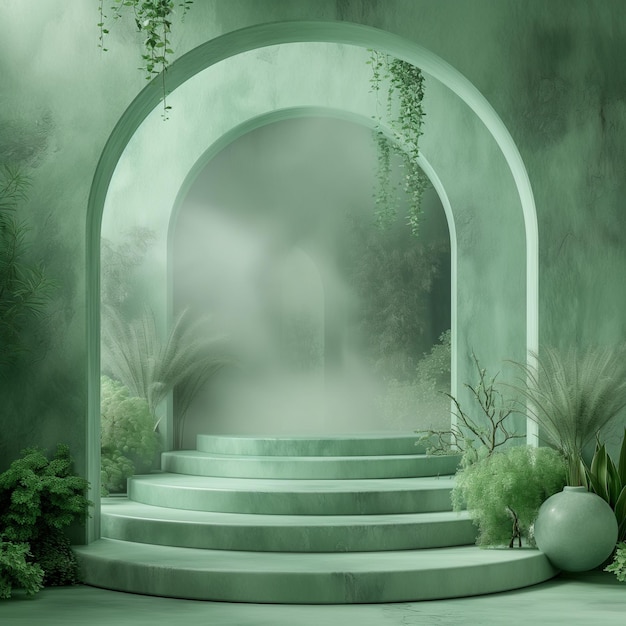 Mystical Green Archway Product Display With White Smoke