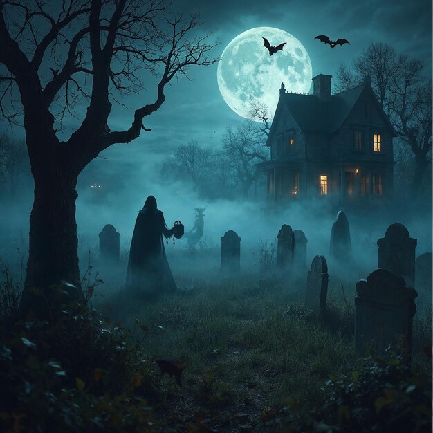 Photo mystical halloween night haunted graveyard ghostly silhouettes and beneath the moon halloween