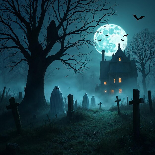 Photo mystical halloween night haunted graveyard ghostly silhouettes and beneath the moon halloween