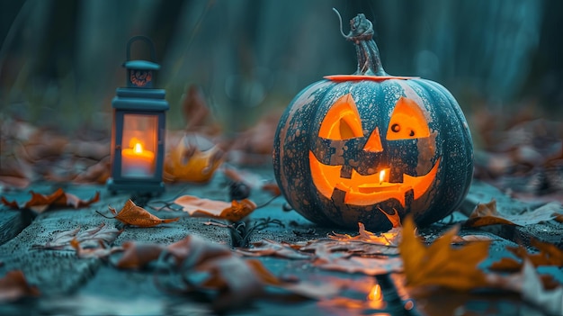 Mystical Halloween Night Pumpkin and Glowing Lantern