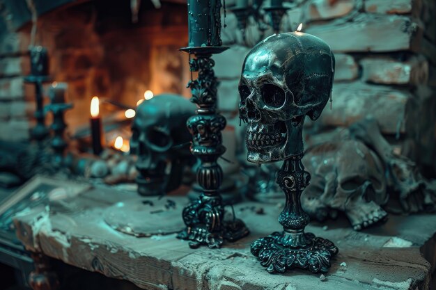 Mystical Halloween StillLife with Skull and Candlestick