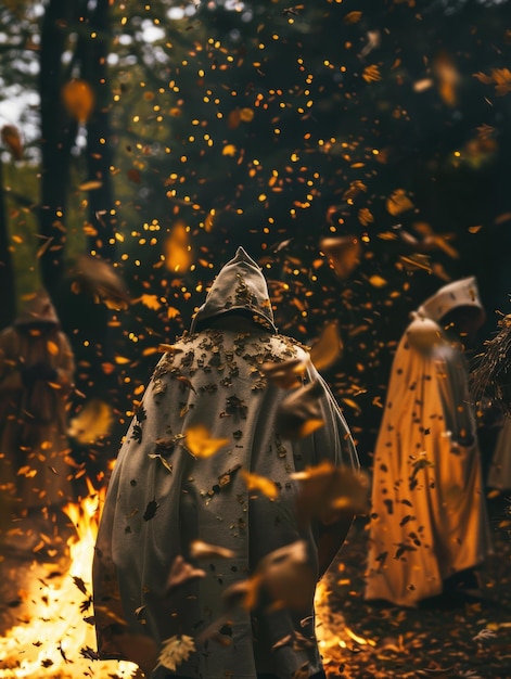 Photo mystical hooded figure in autumn forest