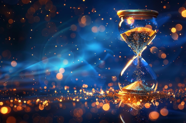 Photo mystical hourglass with glittering sand and bokeh lights