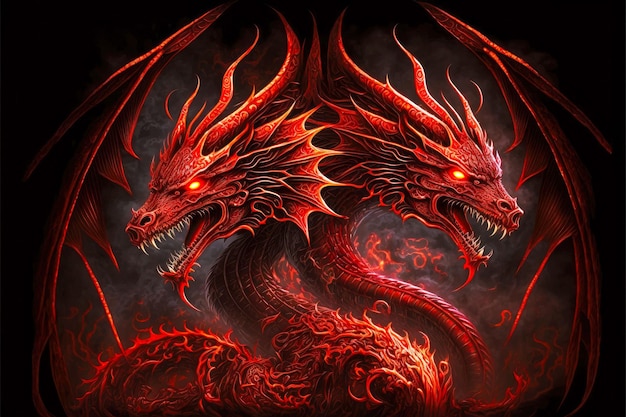 Mystical huge red dragons with wings in fiery flames