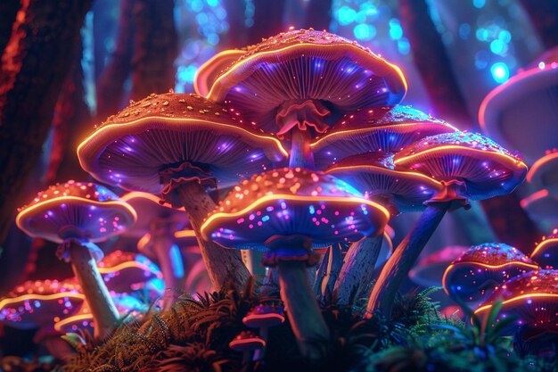 Photo mystical hyperdetailed mushrooms and fungi vaporwave fractal background