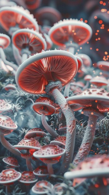 Photo mystical hyperdetailed mushrooms and fungi vaporwave fractal background