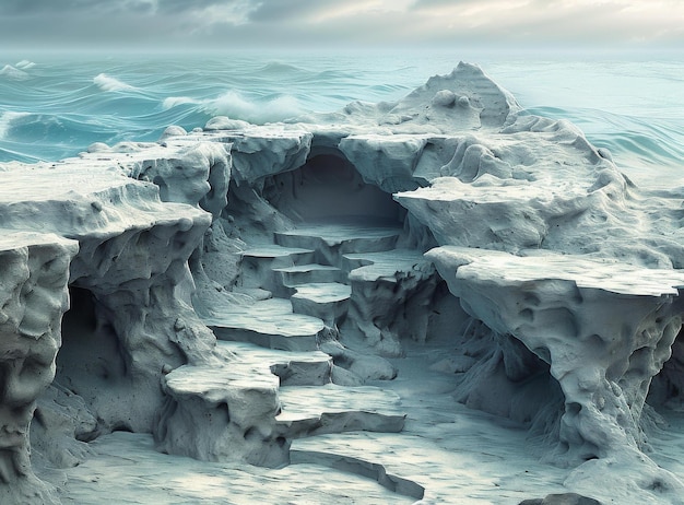 Mystical icy cave entrance on a stormy sea