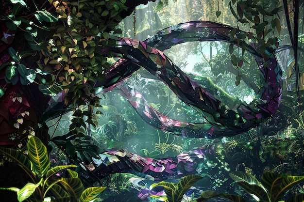 Photo a mystical jungle scene featuring vibrant vines and lush foliage evoking a sense of wonder and adventure in nature