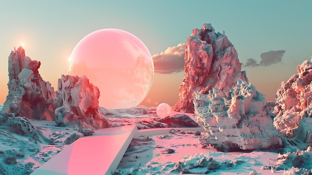 Photo mystical landscape with floating spheres large pink translucent sphere hovers over rocky terrain while a smaller sphere sits on the ground nearby