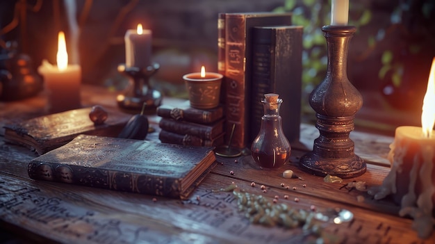 Photo mystical magic potion candles books and wooden table