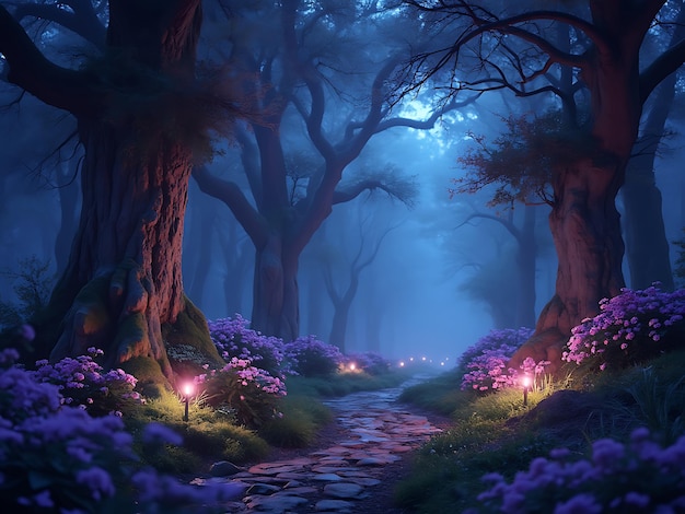 Photo mystical magical forest at night with glowing lights