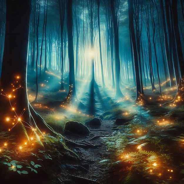 Photo mystical magical forest at night with glowing lights