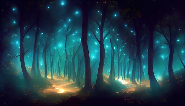 Mystical magical forest at night with glowing lights