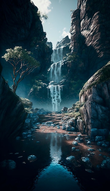 Mystical magical waterfall in the mountains