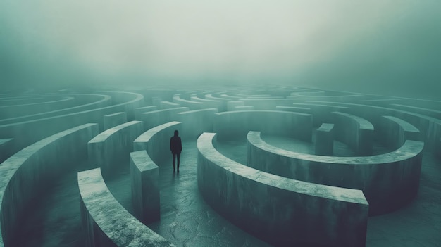 Photo mystical maze exploration a person standing at the entrance to an enormous labyrinth with foggy