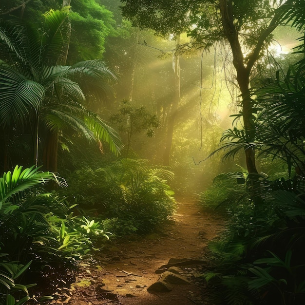 Mystical misty panorama of a lush forest with various lush trees a stunning atmosphere complete wit