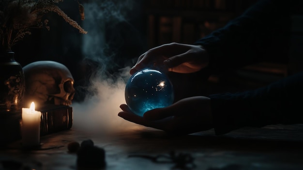 Photo a mystical moment of crystal gazing in a dimly lit room with candles smoke and a skull on an old wooden table