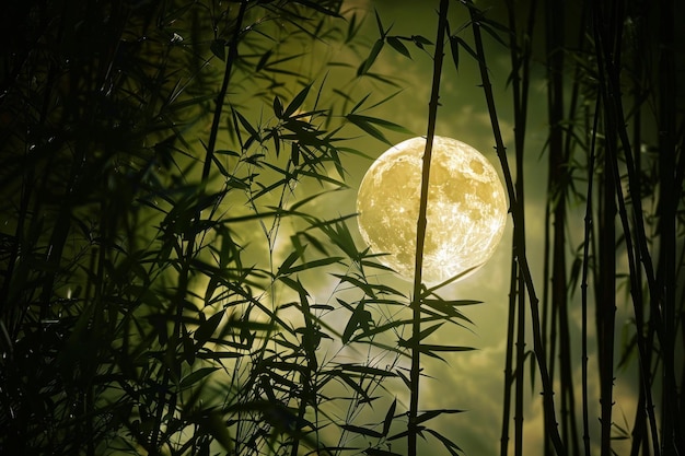 Mystical moon rising over bamboo forest at night