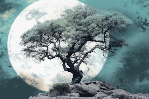 Mystical Moon and Tree Digital Art for Modern Background