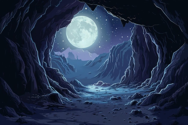 Mystical moonlight cave landscape with distant mountains