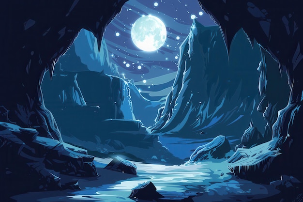 Mystical moonlight over icy mountain peaks and frozen river