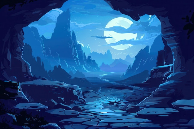 Mystical moonlight illuminates rocky cavern entrance revealing enchanting mountain valley