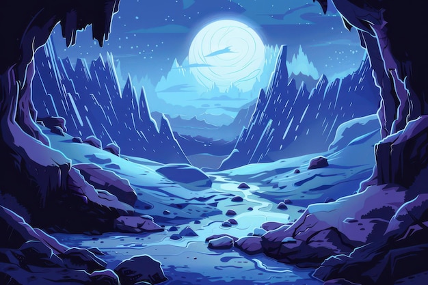 Mystical moonlight landscape with river flowing through icy mountains