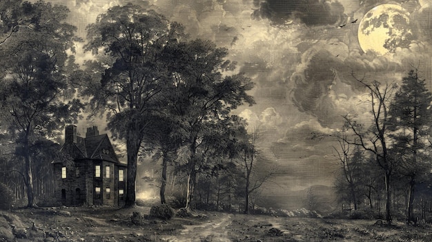 A Mystical Moonlight Scene with a Lone House