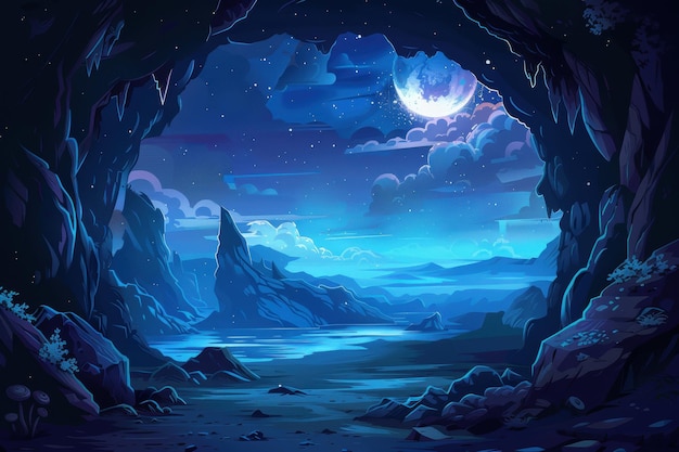 Mystical moonlit cavern revealing a beautiful landscape with a lake and mountains