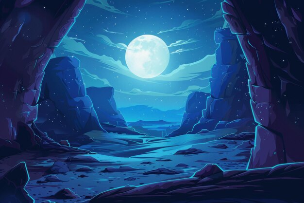 Mystical moonlit desert canyon landscape with rock formations