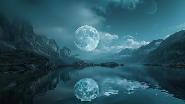 Mystical Moonlit Landscape with a Reflective Lake A surreal and dreamy night scene of a mountain lake illuminated by a large luminous moon reflecting in the tranquil waters