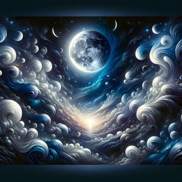 Mystical Moonlit Night with Swirling Cosmic Clouds