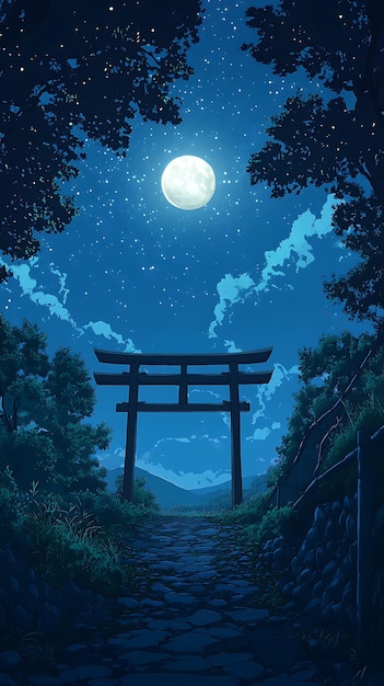 Photo mystical moonlit path through a torii gate