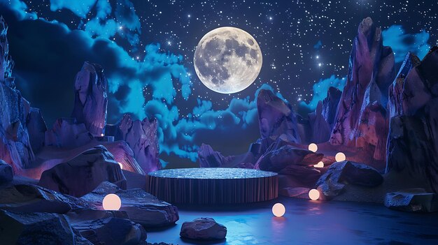 Photo mystical moonlit product showcase with celestial theme and starry night sky accents