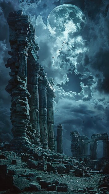 Mystical Moonlit Ruins Ancient ruins under a radiant full moon amidst a starry night sky with flying birds