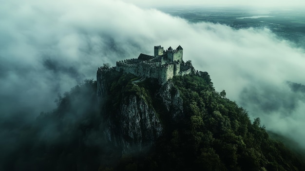 Mystical Mountain Fortress Aerial View Through Fog