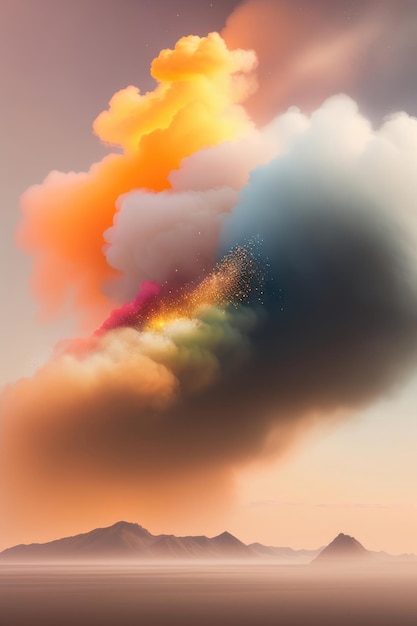 Mystical Mountain Horizon Smokey Clouds Rainbow Hues and Solitary Tree