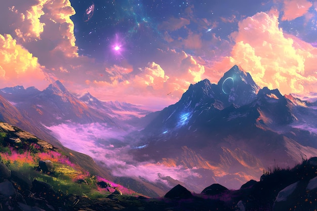 Mystical Mountain Landscape with Pink Sky and Stars